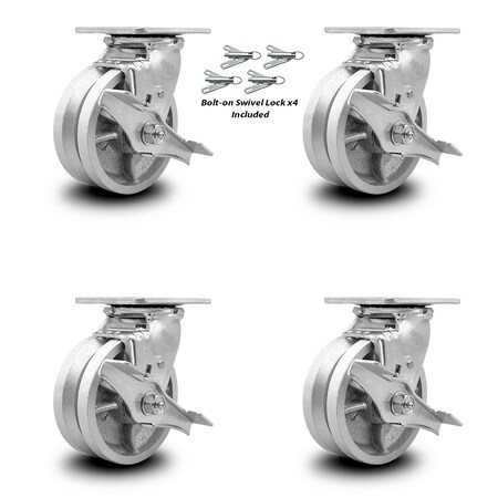 V Groove Semi Steel Cast Iron Swivel Top Plate Caster Set of 4 w/5" x 2" Silver Wheels - Includes 4 Swivel w/Top Lock Brakes & Bolt on Swivel Locks - 4400 lbs Total Capacity - Service Caster Brand